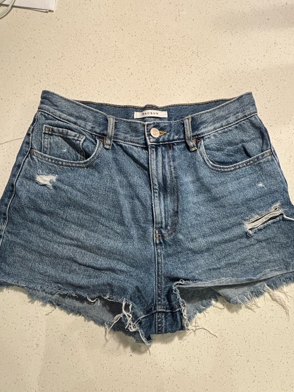 PacSun High-Waist Distressed Denim Shorts in Blue Wash